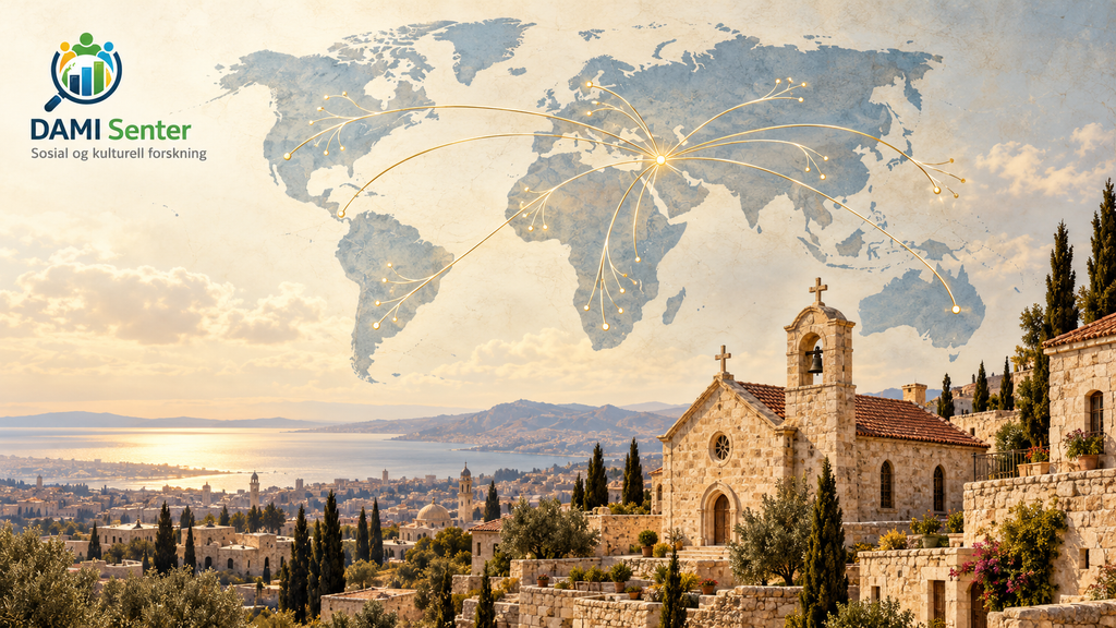 تصميم توضيحي لكنيسة شامية حجرية وخريطة للعالم بمسارات ترمز إلى انتشار المسيحيين السوريين في المهجر، مع شعار مركز دامي للدراسات الاجتماعية.